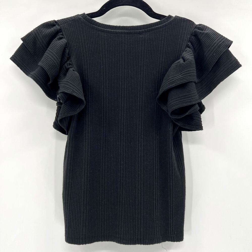 Zara Black Ruffle Sleeve Ribbed Top Medium - Picture 3 of 4